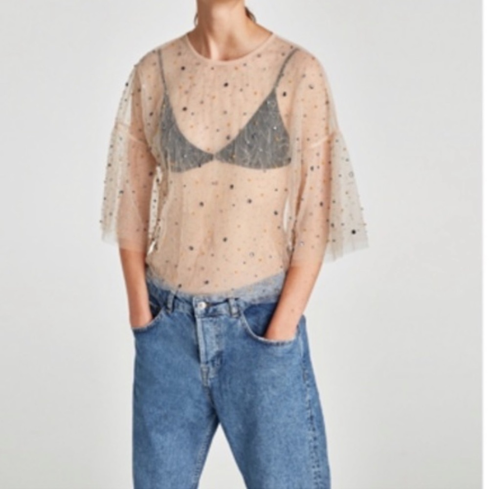 Zara Tulle Sheer Studded Sequin Fairy Blouse in pink s